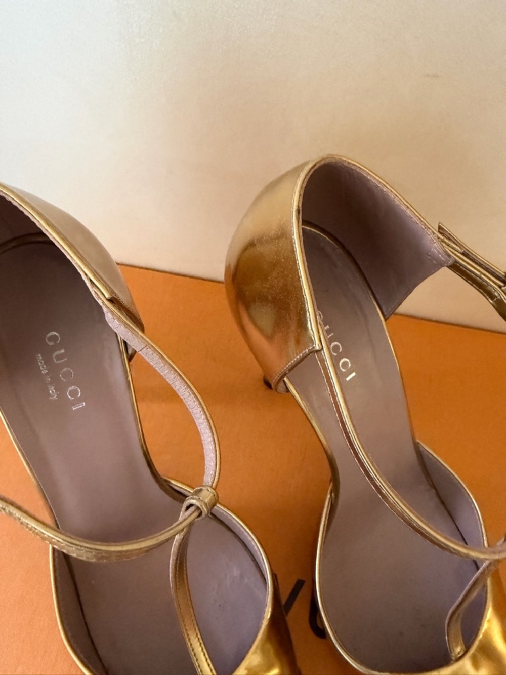 Gucci Metallic Gold Studded Pointed-Toe T‑Strap Stilettos - Picture 3 of 16